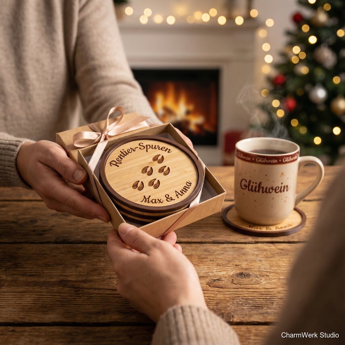 Tassen-Untersetzer-Set „Rentier-Spuren“ mit 3D-Rand - Lifestyle