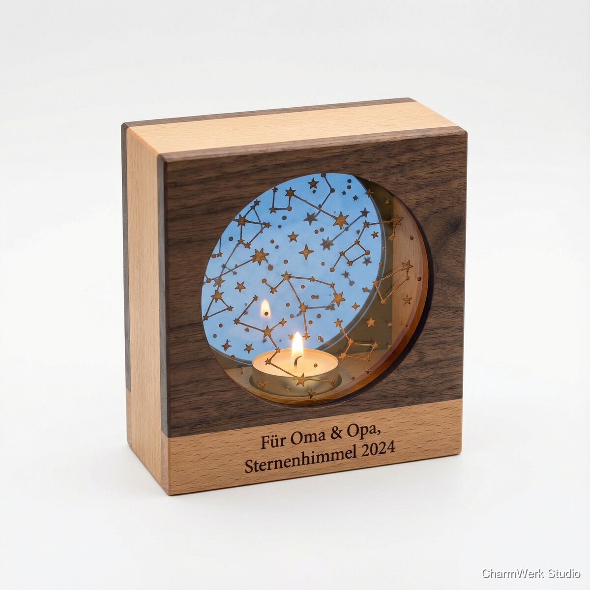 CNC-Kerzenhalter „Sternenhimmel“ mit Acryl-Lichtfenstern