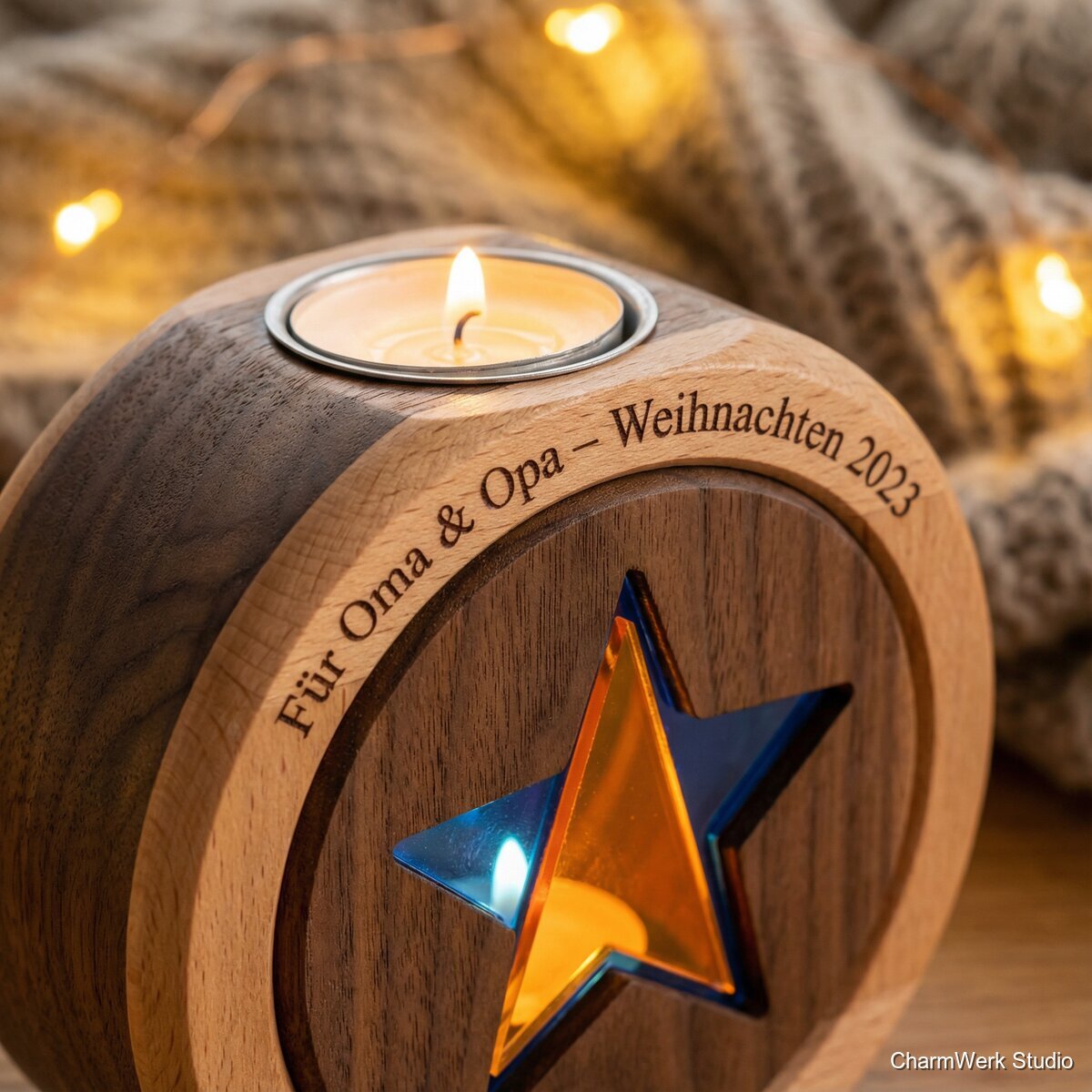 CNC-Kerzenhalter „Sternenhimmel“ mit Acryl-Lichtfenstern - Detailansicht