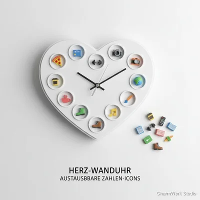 Herz-Wanduhr mit austauschbaren Zahlen-Icons