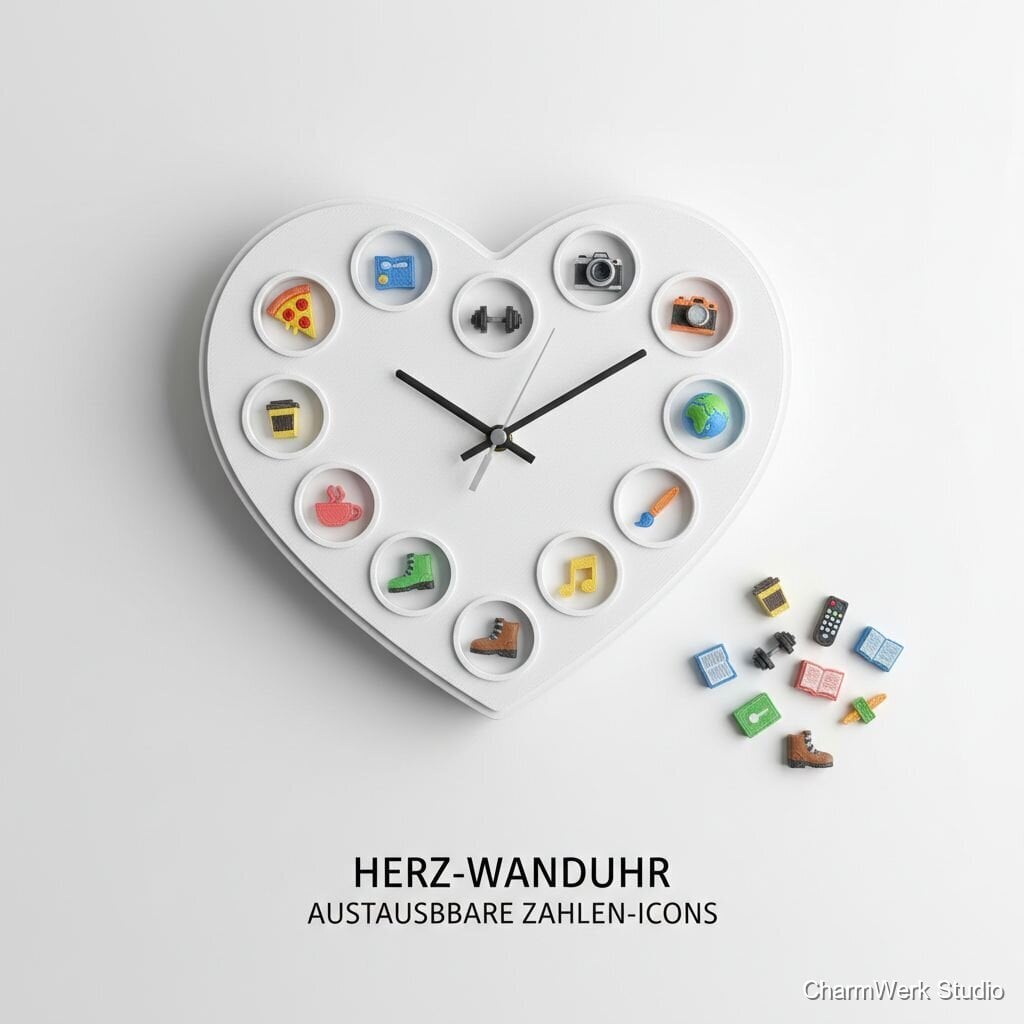 Herz-Wanduhr mit austauschbaren Zahlen-Icons