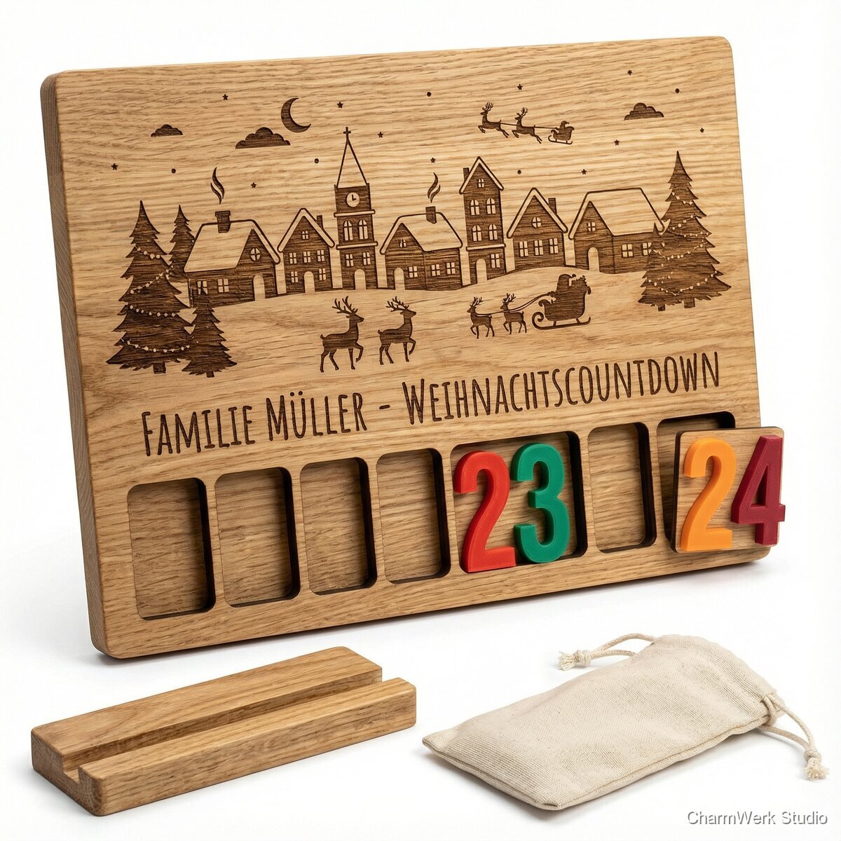 Advents-Countdown-Board mit 3D-Zahlen und Gravur - Seitenansicht