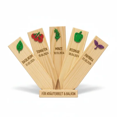 Gartenstecker-Set: Holzschild mit 3D-Pflanzsymbolen