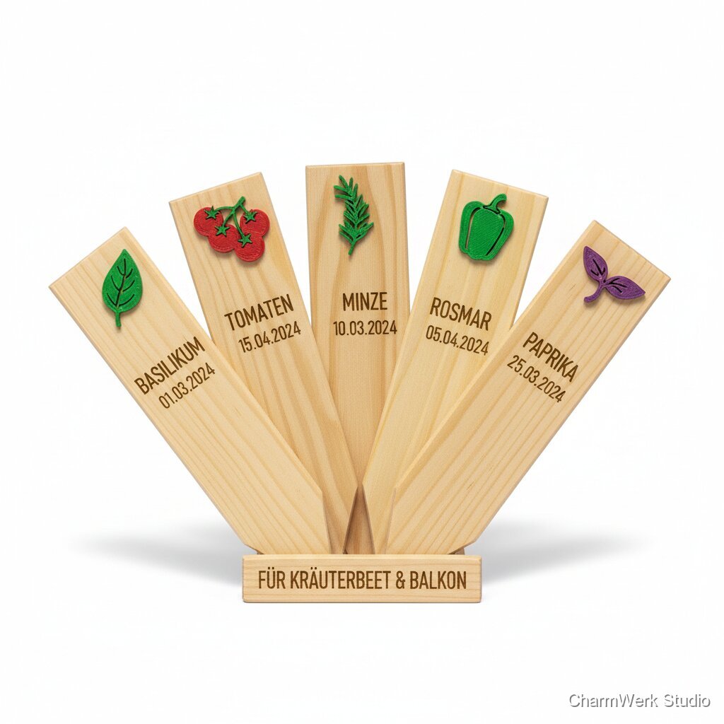 Gartenstecker-Set: Holzschild mit 3D-Pflanzsymbolen