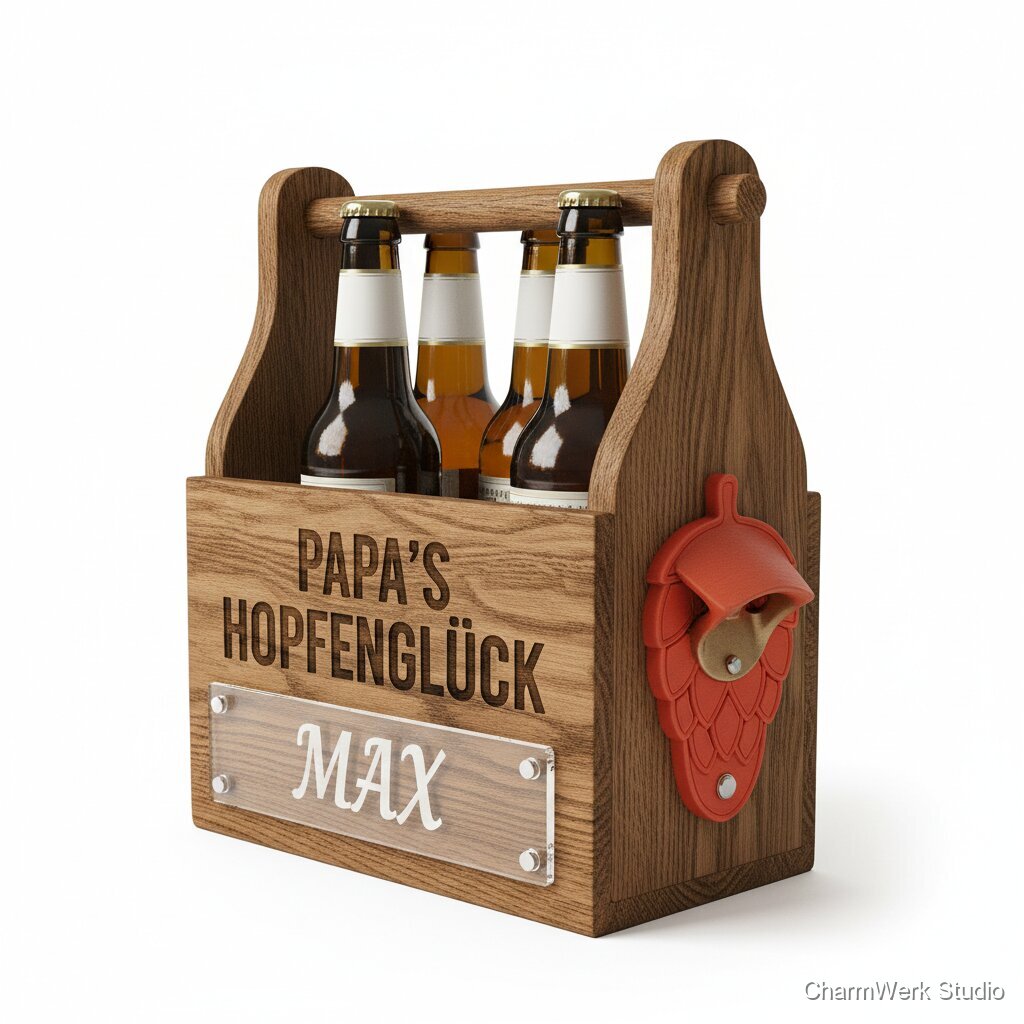 Bierträger aus Holz mit Acrylnamen und 3D-Flaschenöffner