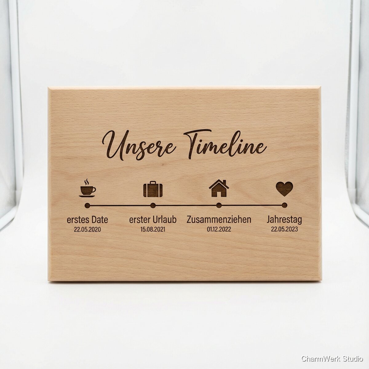 Lasergravierte „Unsere Timeline“-Holztafel
