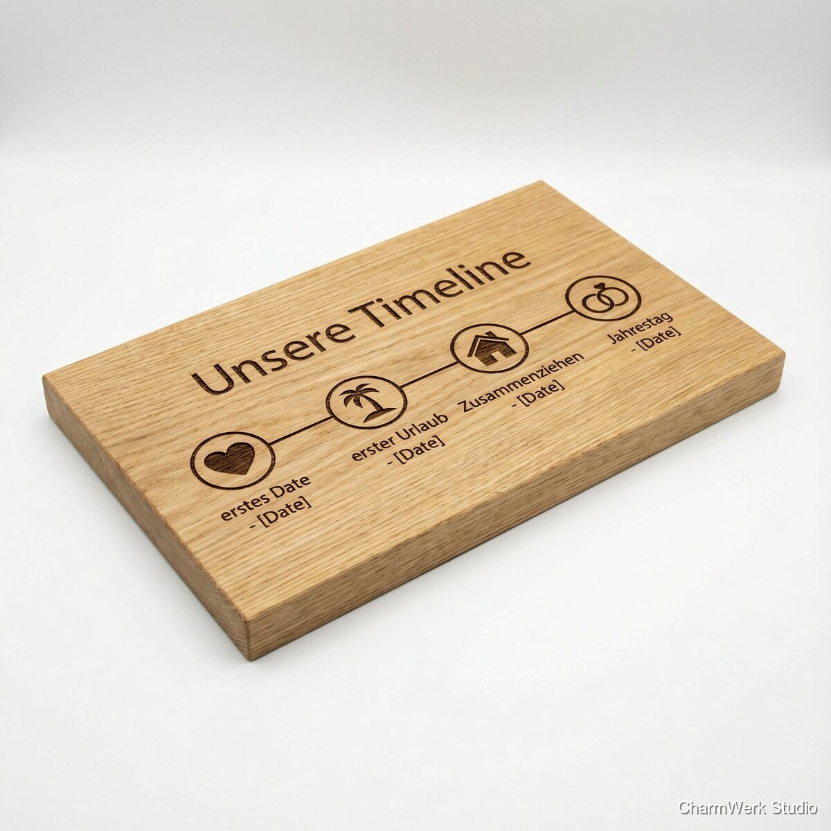 Lasergravierte „Unsere Timeline“-Holztafel - Seitenansicht