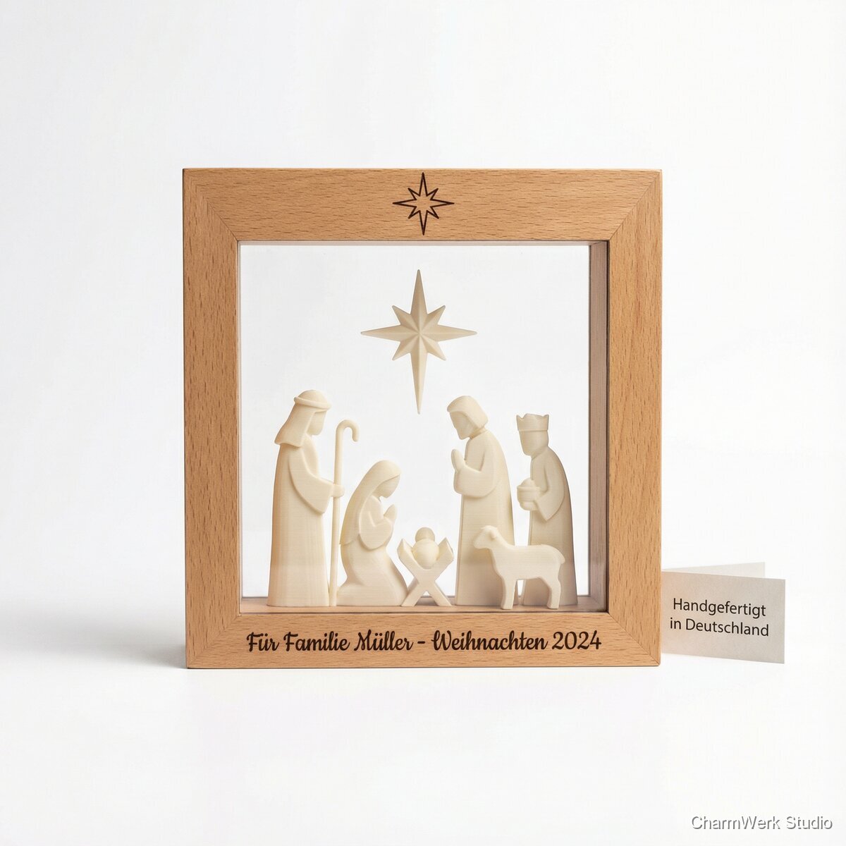 Mini-Krippenrahmen mit Gravur und 3D-Figuren