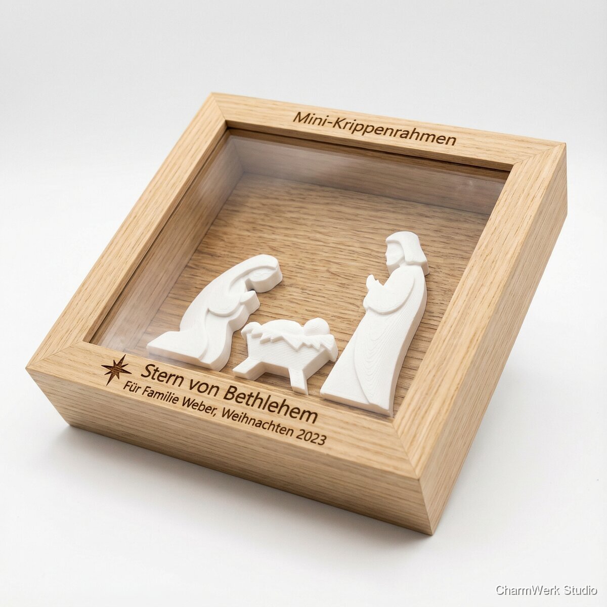 Mini-Krippenrahmen mit Gravur und 3D-Figuren - Seitenansicht
