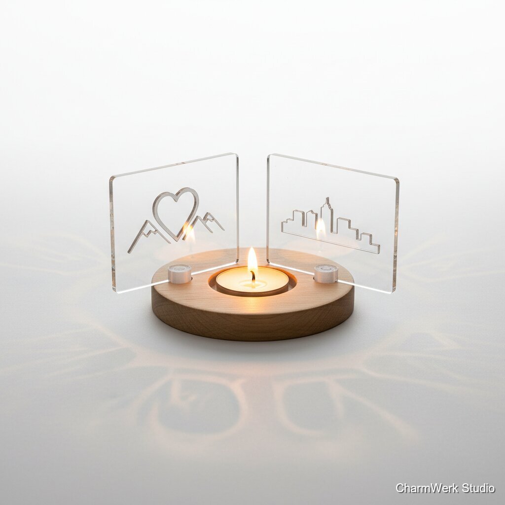 Teelicht-Set mit Acryl-Schattenspiel und Holzsockel