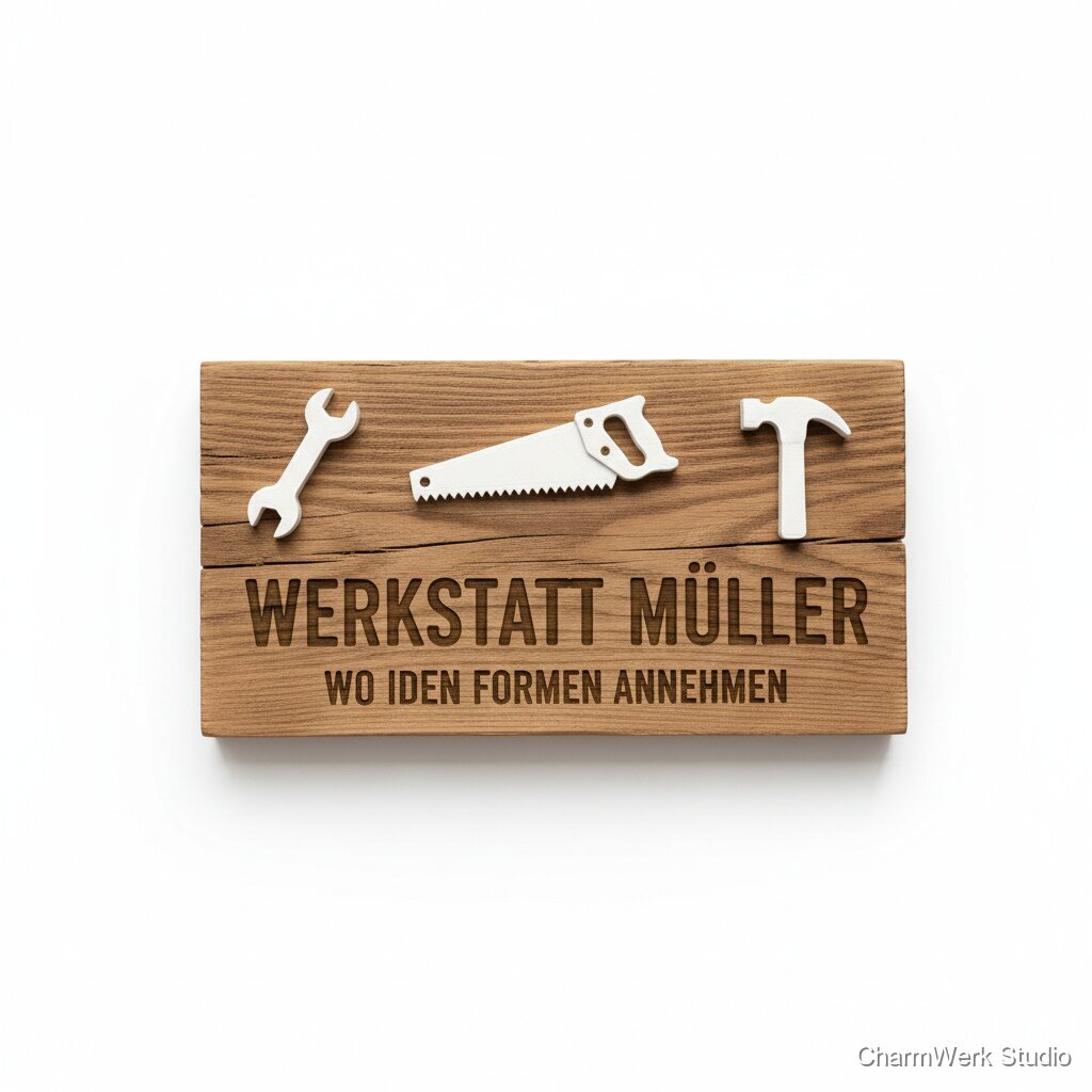 Werkstatt-Namensschild mit 3D-Werkzeug-Icons