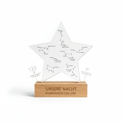 Acryl-Sternkarte mit Holzständer und 3D-Koordinaten