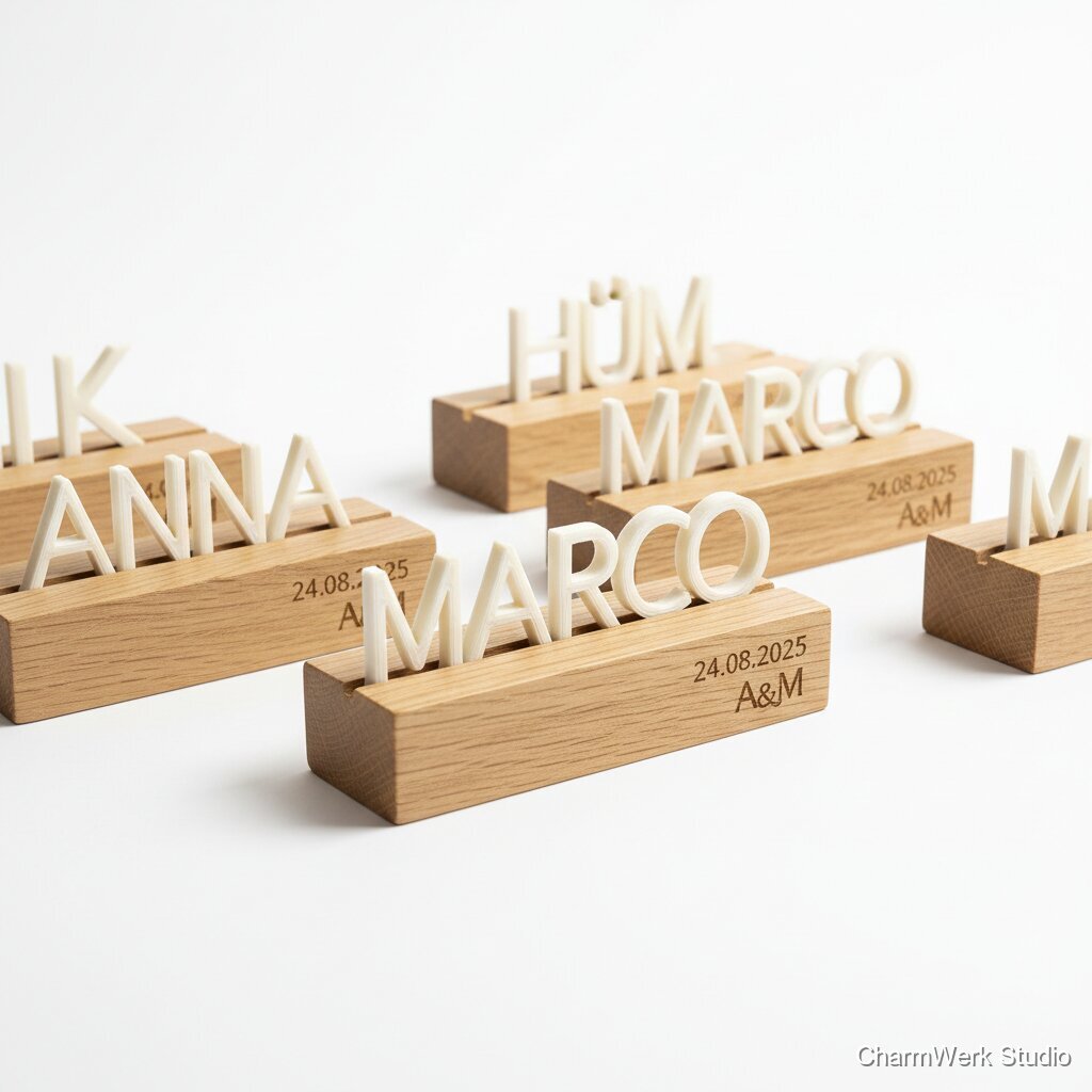 Tischkarten-Halter Set mit 3D-Namen und Holzbase