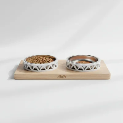 Katzen-Futterstation mit graviertem Holz und 3D-Schalenringen