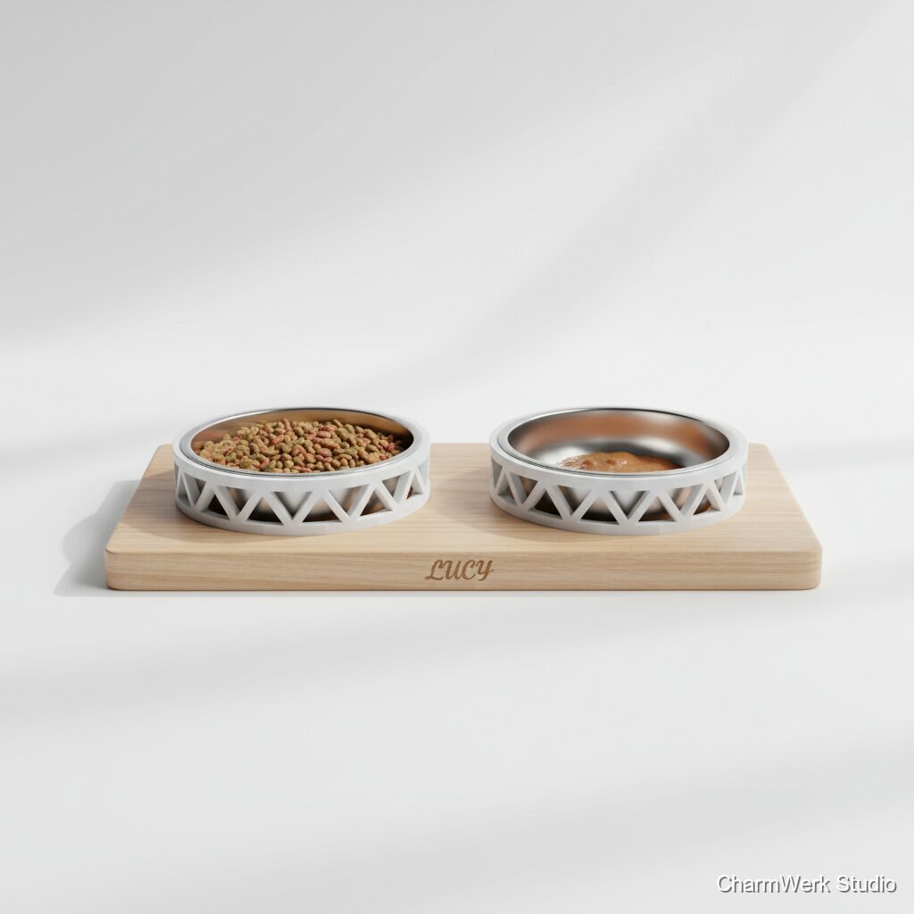 Katzen-Futterstation mit graviertem Holz und 3D-Schalenringen