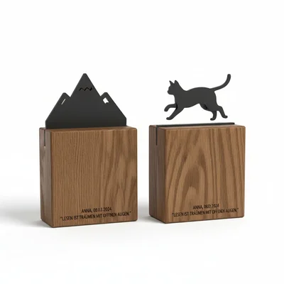 Bücherstützen aus Holz mit 3D-Silhouette und Gravur