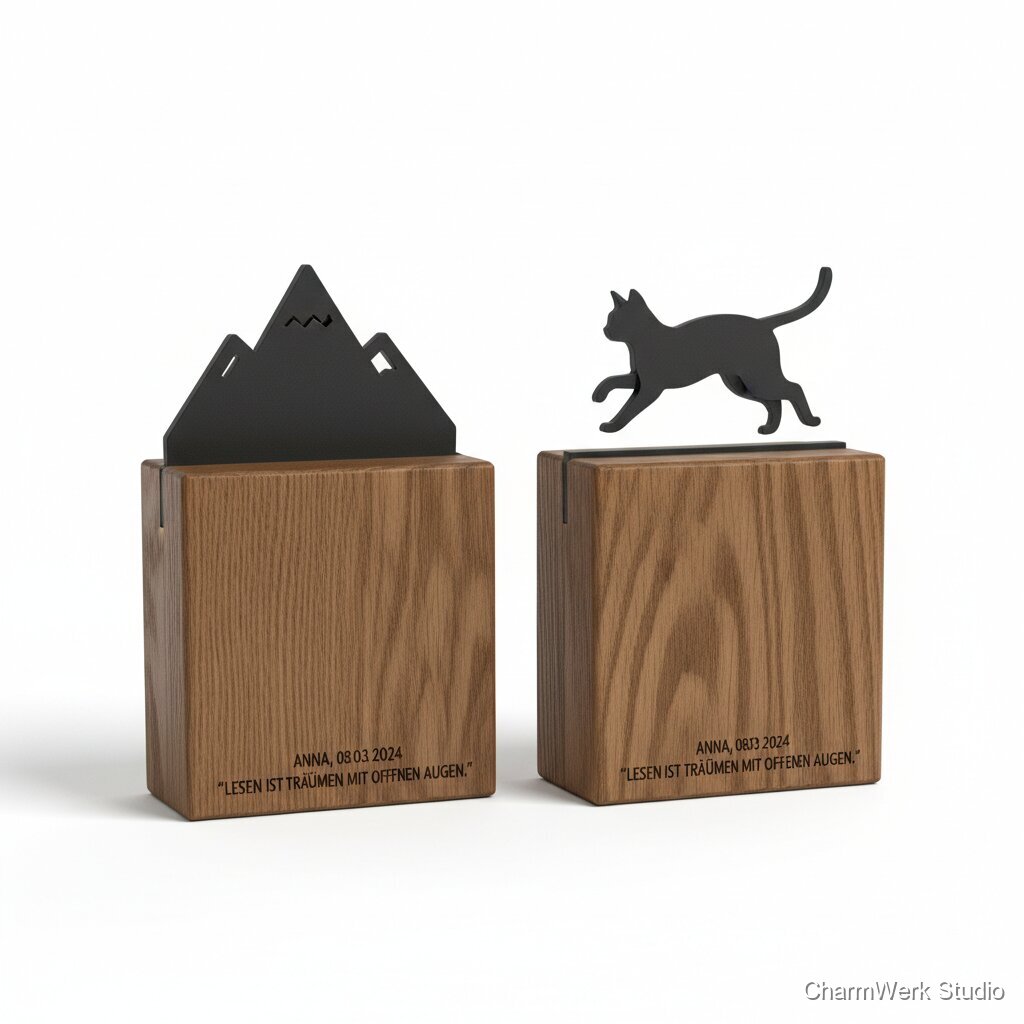 Bücherstützen aus Holz mit 3D-Silhouette und Gravur