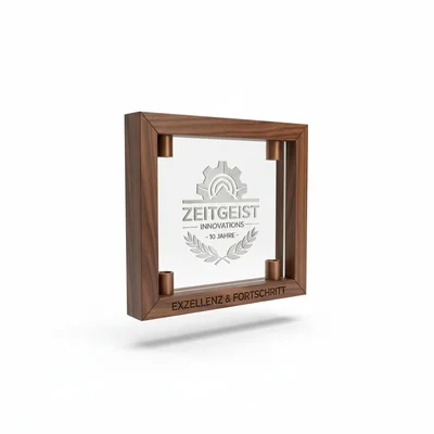 Acryl-Desktop-Logo in Holzrahmen mit 3D-Abstandshaltern