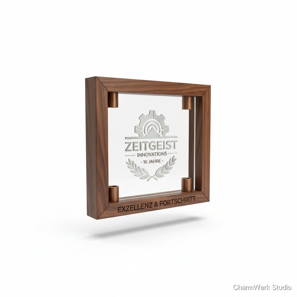 Acryl-Desktop-Logo in Holzrahmen mit 3D-Abstandshaltern