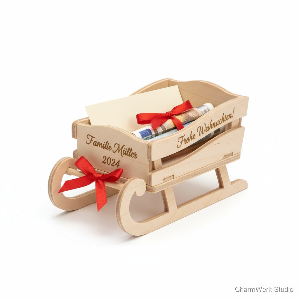 Schlitten-Geldgeschenk aus Holz mit Wunschname