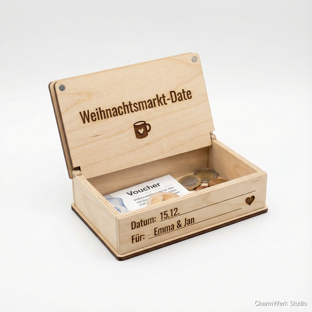 Mini-Weihnachtsmarkt-Gutscheinbox aus Holz