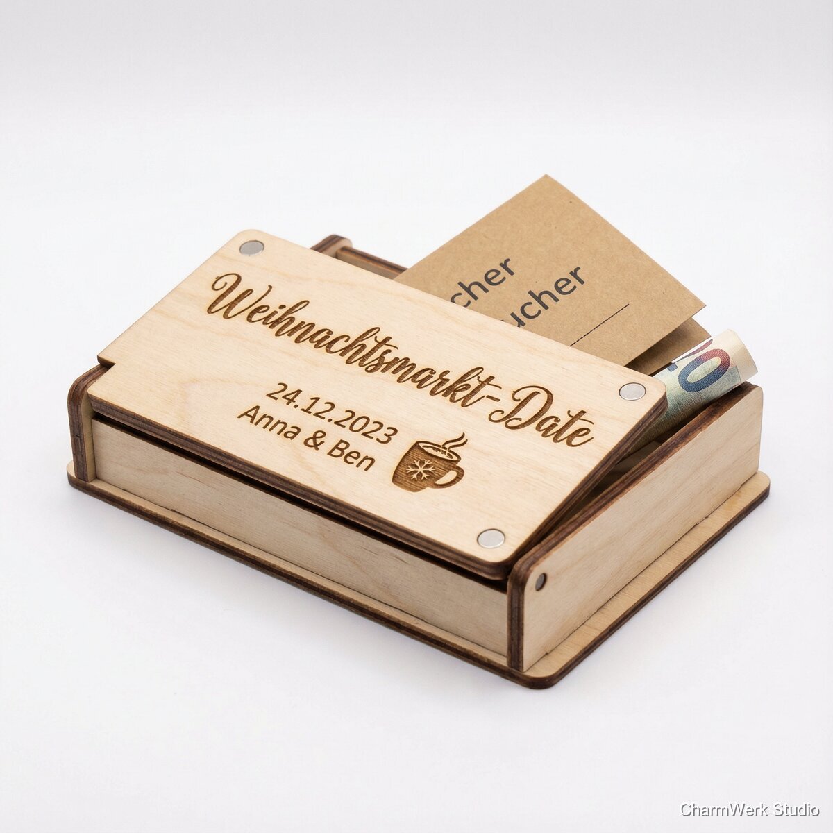 Mini-Weihnachtsmarkt-Gutscheinbox aus Holz - Seitenansicht