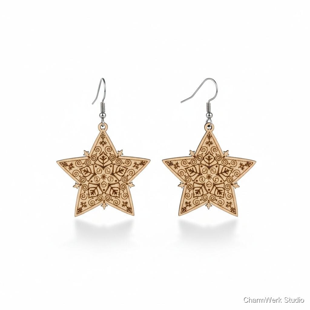 Weihnachtsstern-Ohrring-Set aus graviertem Holz