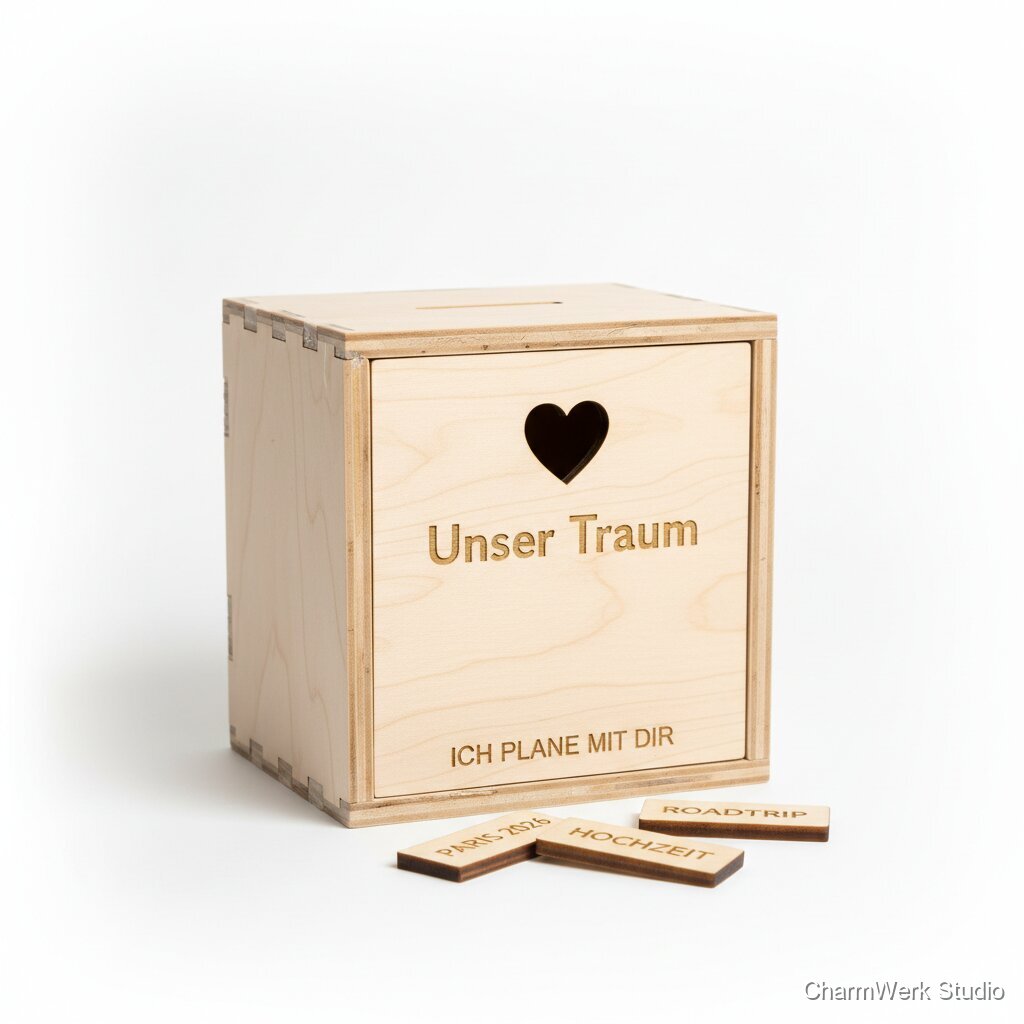 CNC-Spardose „Unser Traum“ mit Herz-Schlitz