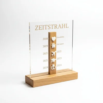 Zeitstrahl-Tischaufsteller mit 3D-Meilensteinen