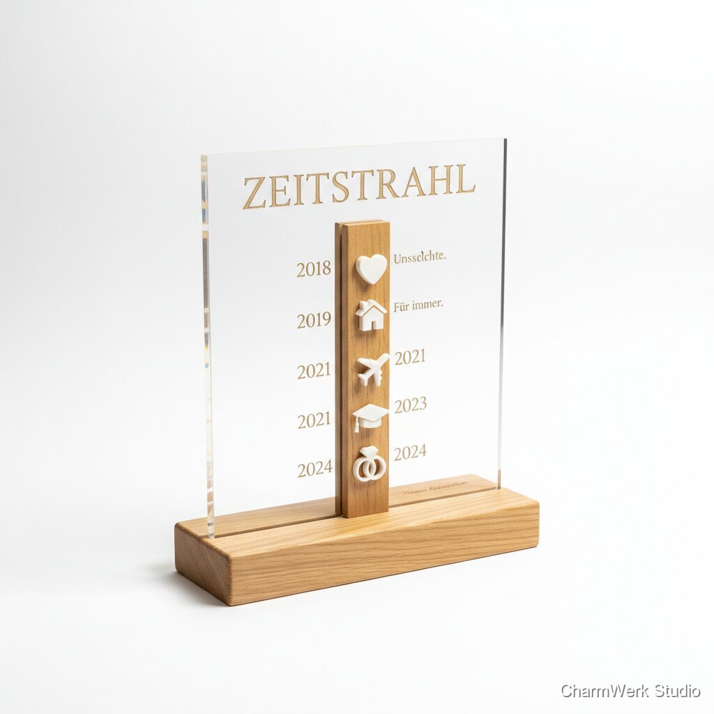 Zeitstrahl-Tischaufsteller mit 3D-Meilensteinen