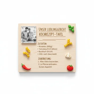 Kochrezept-Tafel „Unser Lieblingsgericht“ mit 3D-Zutaten