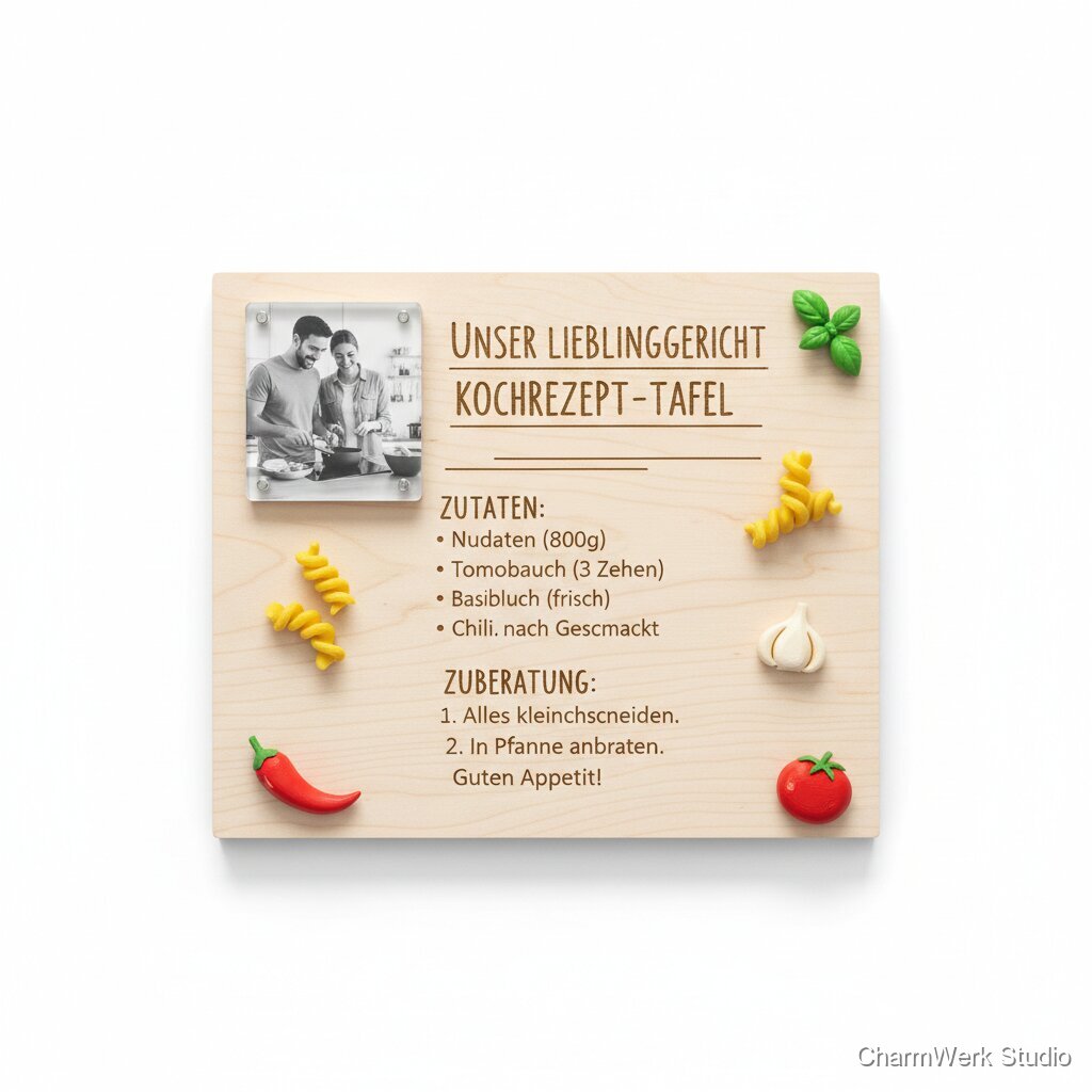 Kochrezept-Tafel „Unser Lieblingsgericht“ mit 3D-Zutaten