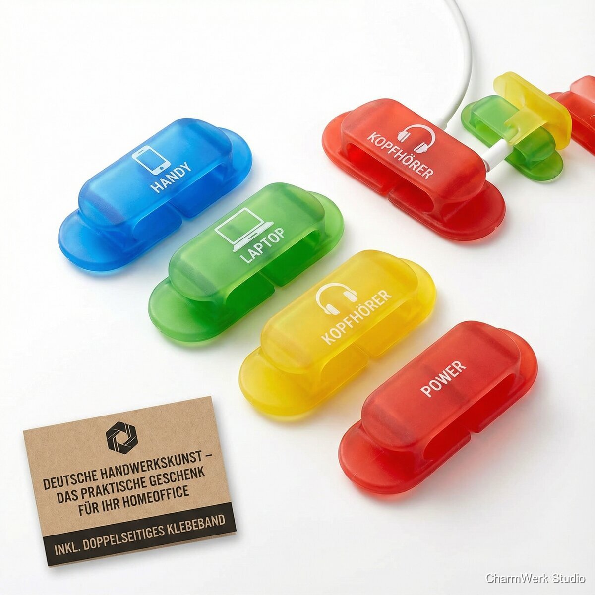 Schreibtisch-Kabelclip-Set mit Icons und Farbcodierung