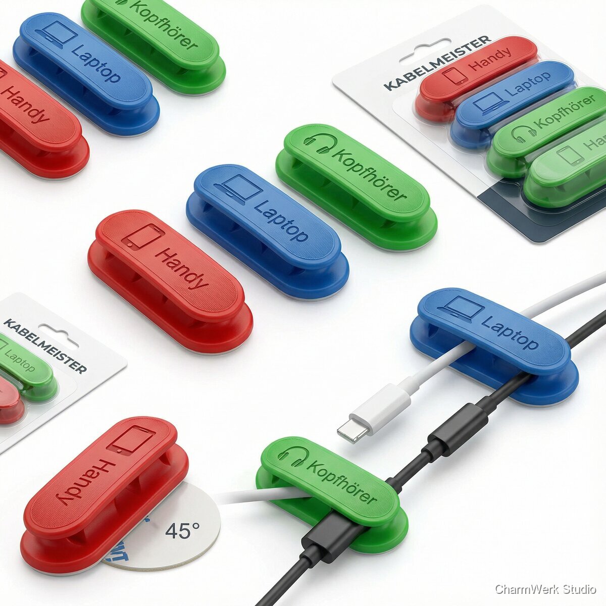 Schreibtisch-Kabelclip-Set mit Icons und Farbcodierung - Seitenansicht