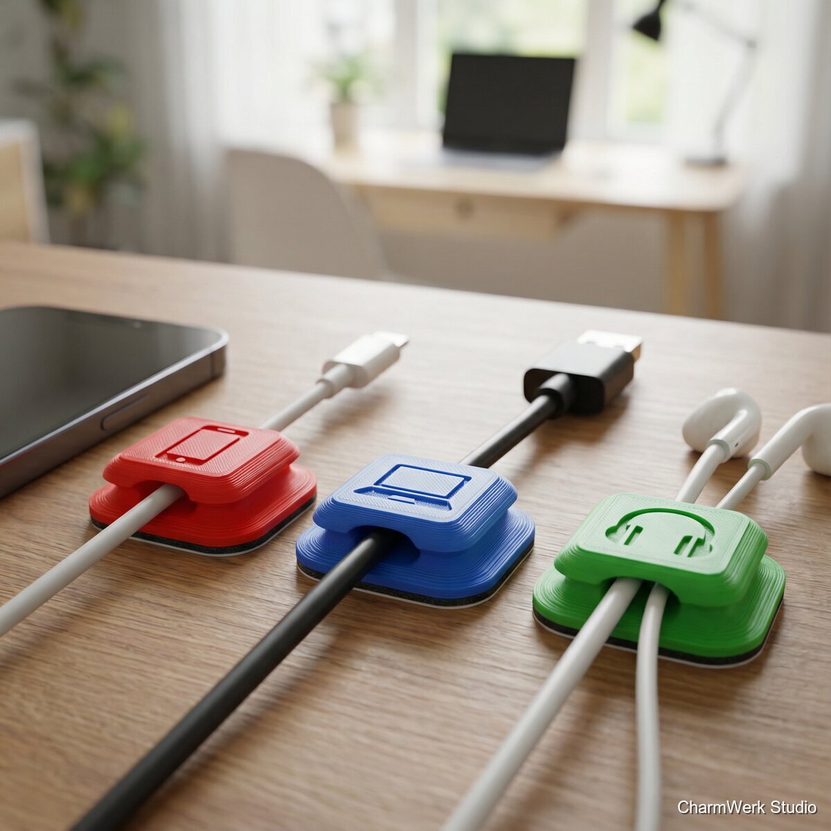 Schreibtisch-Kabelclip-Set mit Icons und Farbcodierung - Detailansicht